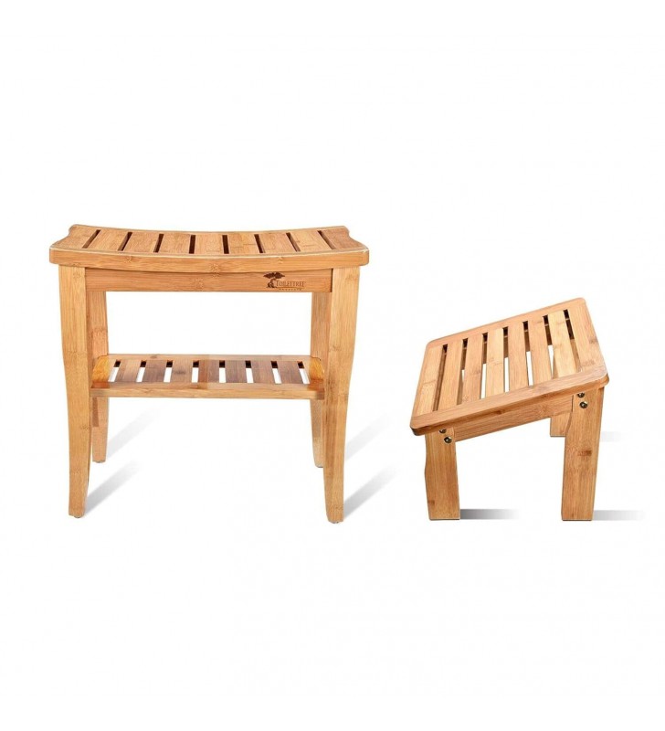 Deluxe Wooden Bamboo Shower Seat Bench with Underneath Storage Shelf