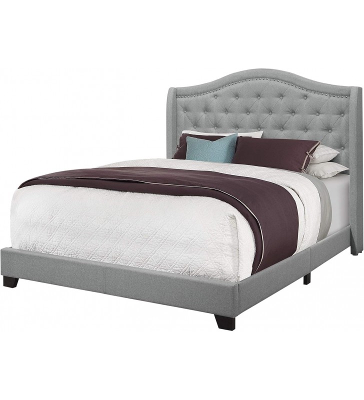 Monarch Specialties Bed, Queen Size, Bedroom, Upholstered, Grey Velvet, Chrome Trim