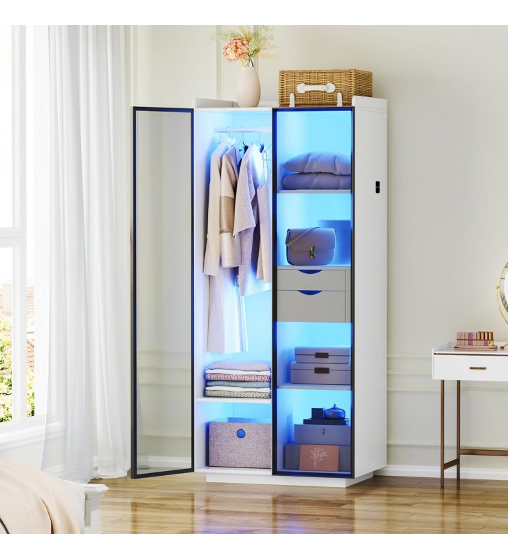 2 Door Wardrobe Cabinet with 3-Color Dimmable LED