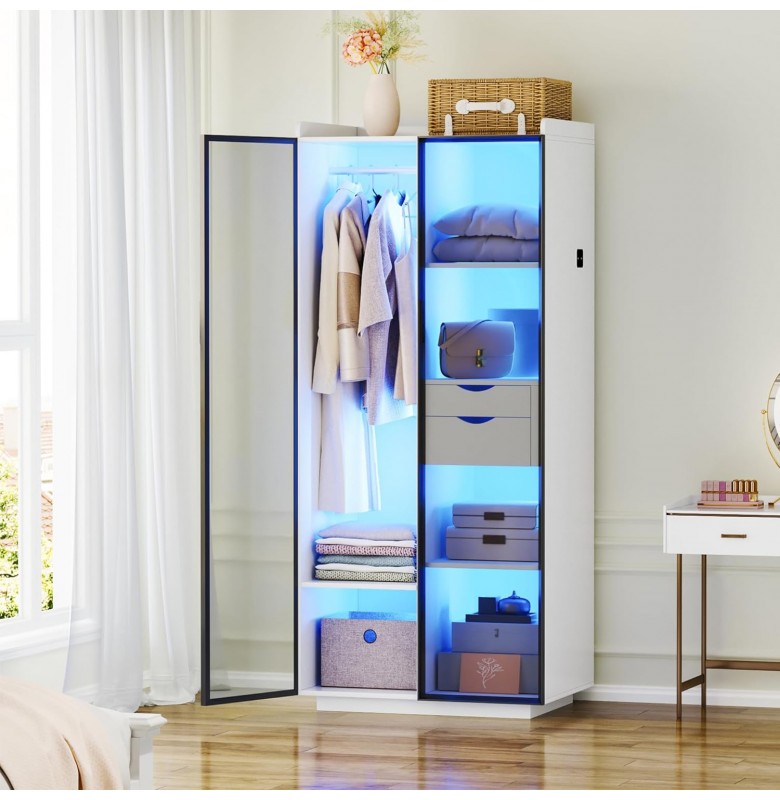 2 Door Wardrobe Cabinet with 3-Color Dimmable LED