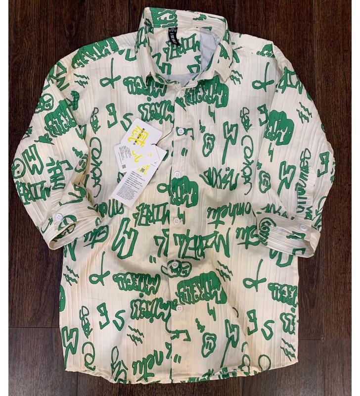 Green and White Slim Fit Printed Casual Shirt